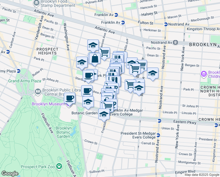 map of restaurants, bars, coffee shops, grocery stores, and more near 626 Park Place in Brooklyn