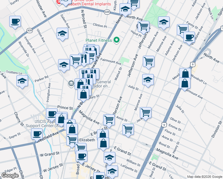 map of restaurants, bars, coffee shops, grocery stores, and more near 545 Walnut Street in Elizabeth