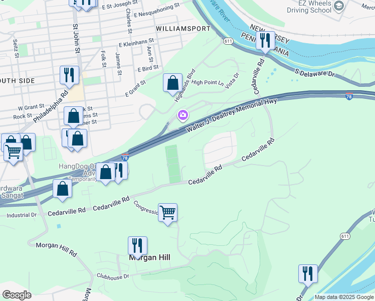 map of restaurants, bars, coffee shops, grocery stores, and more near 255 Cedar Park Boulevard in Easton