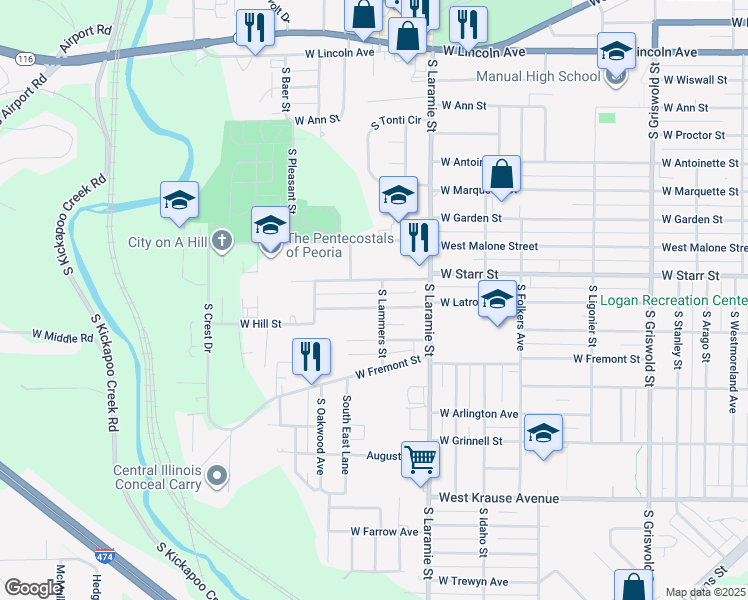 map of restaurants, bars, coffee shops, grocery stores, and more near 3203-3205 West Starr Street in Peoria