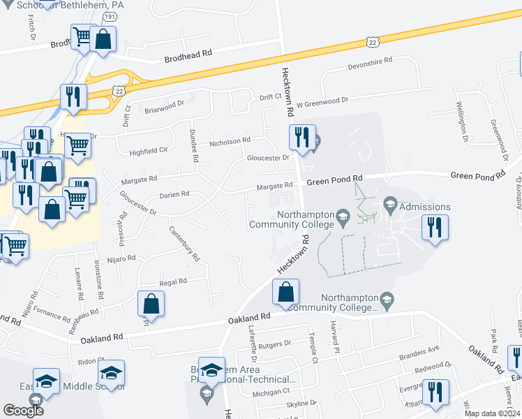 map of restaurants, bars, coffee shops, grocery stores, and more near 3604 Wendel Court in Bethlehem