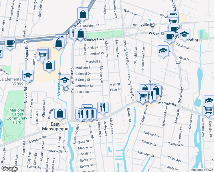 map of restaurants, bars, coffee shops, grocery stores, and more near 60 East Grove Street in Massapequa