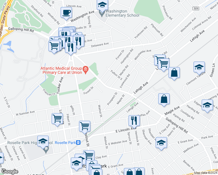map of restaurants, bars, coffee shops, grocery stores, and more near Galloping Hill Road in Union County