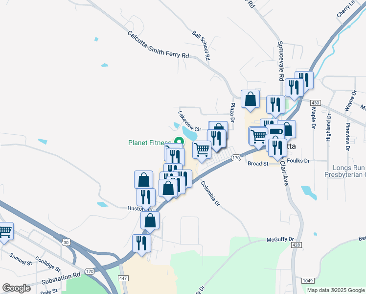 map of restaurants, bars, coffee shops, grocery stores, and more near 15891 Ohio 170 in Calcutta