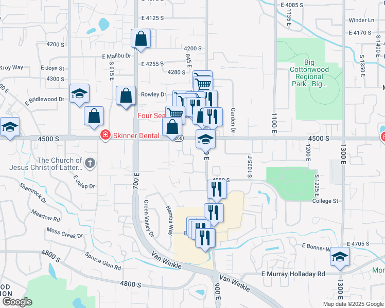 map of restaurants, bars, coffee shops, grocery stores, and more near 4527 Bella Verde Court in Millcreek