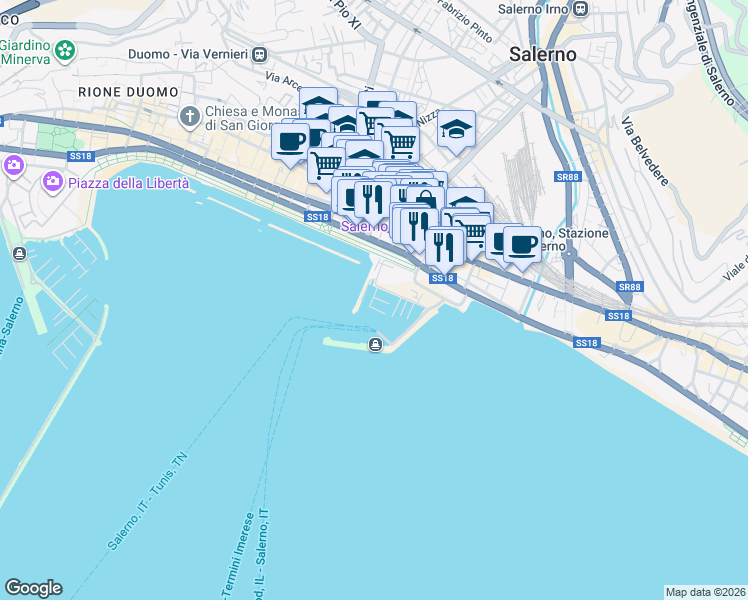 map of restaurants, bars, coffee shops, grocery stores, and more near 38 Lungomare Trieste in Salerno
