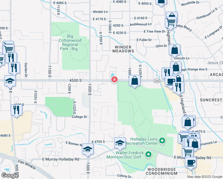 map of restaurants, bars, coffee shops, grocery stores, and more near 1430 East 4500 South in Salt Lake City