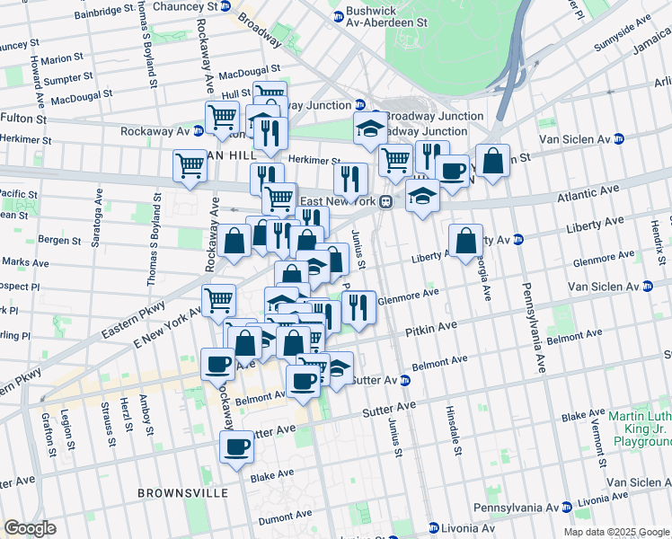 map of restaurants, bars, coffee shops, grocery stores, and more near 28 Powell Street in Brooklyn