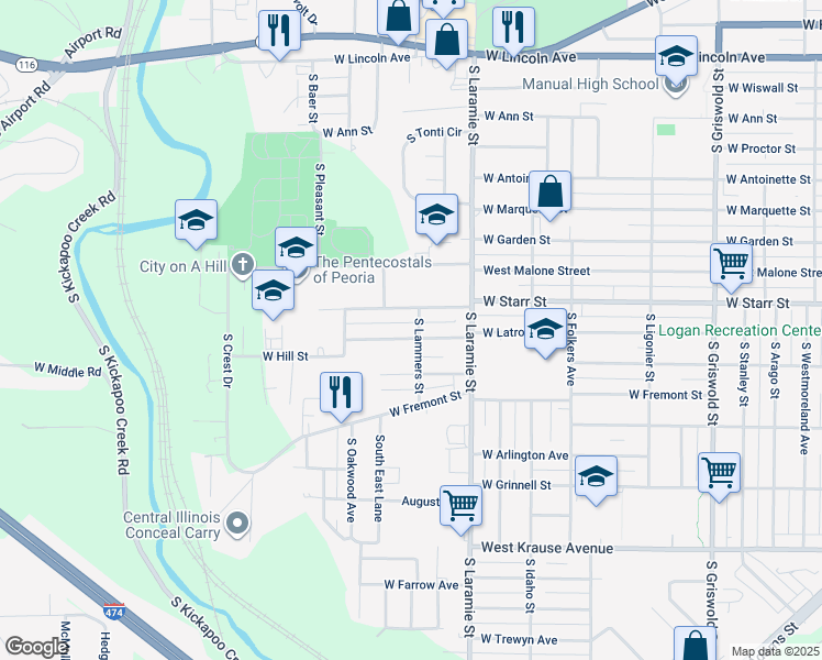 map of restaurants, bars, coffee shops, grocery stores, and more near 3203-3205 West Starr Street in Peoria