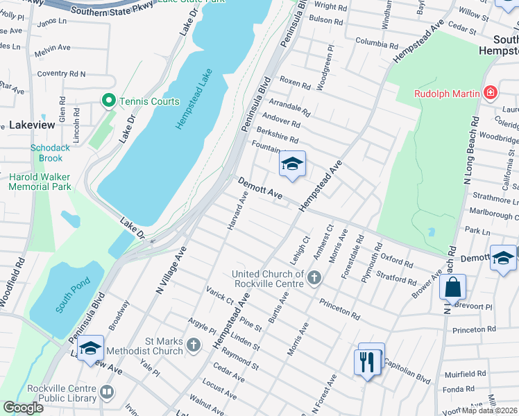 map of restaurants, bars, coffee shops, grocery stores, and more near 295 Harvard Avenue in Rockville Centre
