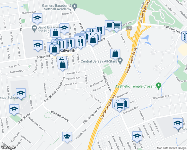 map of restaurants, bars, coffee shops, grocery stores, and more near 645 Passaic Avenue in Kenilworth