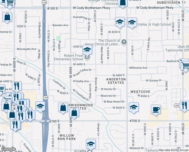 map of restaurants, bars, coffee shops, grocery stores, and more near 4466 Brians Way in West Valley City