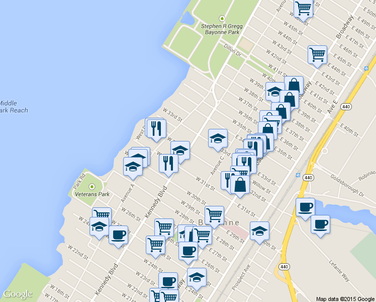 map of restaurants, bars, coffee shops, grocery stores, and more near West 32nd Street in Bayonne