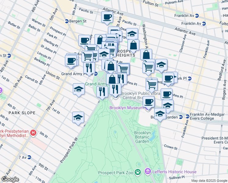 map of restaurants, bars, coffee shops, grocery stores, and more near 1 Grand Army Plaza in Brooklyn