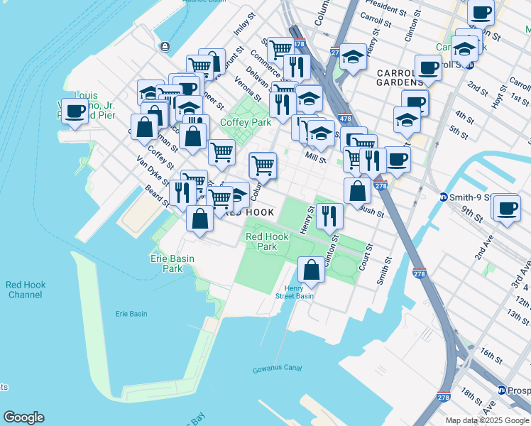 map of restaurants, bars, coffee shops, grocery stores, and more near 537 Columbia Street in Brooklyn