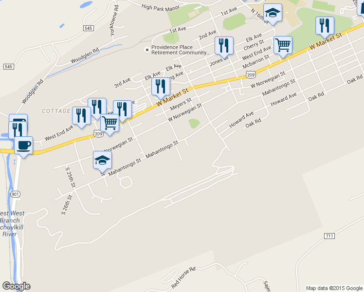 map of restaurants, bars, coffee shops, grocery stores, and more near 2057 Mahantongo Street in Pottsville