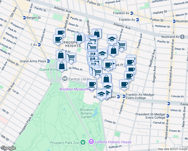 map of restaurants, bars, coffee shops, grocery stores, and more near 820 Washington Avenue in Brooklyn
