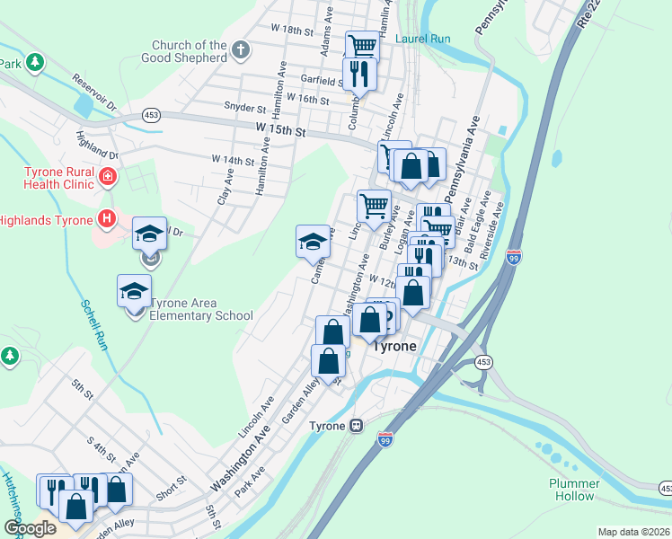 map of restaurants, bars, coffee shops, grocery stores, and more near 1208 Cameron Ave in Tyrone