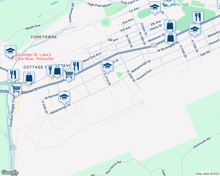 map of restaurants, bars, coffee shops, grocery stores, and more near 2101 Mahantongo Street in Pottsville