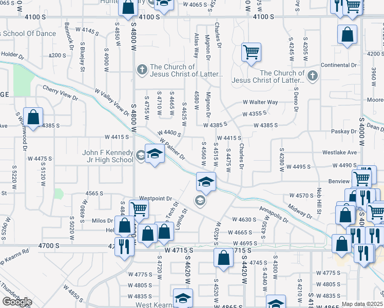 map of restaurants, bars, coffee shops, grocery stores, and more near 4460 Jills Place in West Valley City
