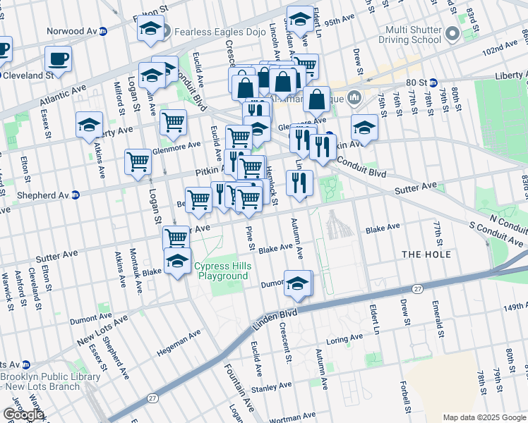 map of restaurants, bars, coffee shops, grocery stores, and more near 1315 Sutter Avenue in Brooklyn