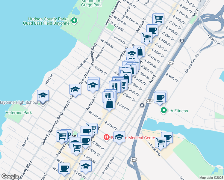 map of restaurants, bars, coffee shops, grocery stores, and more near 26 West 34th Street in Bayonne