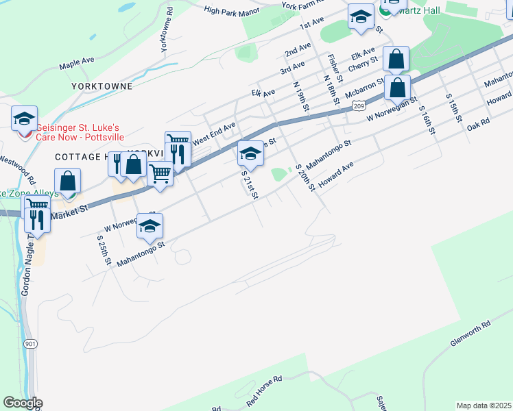 map of restaurants, bars, coffee shops, grocery stores, and more near 2101 Mahantongo Street in Pottsville