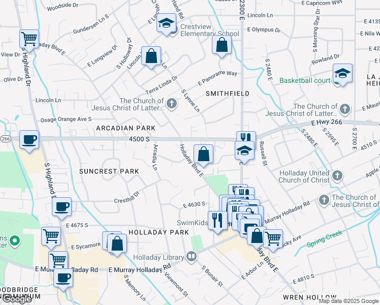 map of restaurants, bars, coffee shops, grocery stores, and more near 2158 East Rising Wolf Lane in Holladay