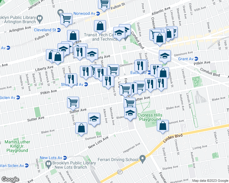map of restaurants, bars, coffee shops, grocery stores, and more near Belmont Avenue & Milford Street in Brooklyn