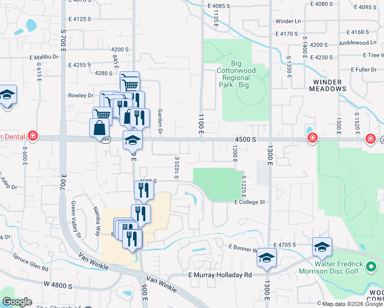 map of restaurants, bars, coffee shops, grocery stores, and more near 4510 Countrylane Road in Millcreek