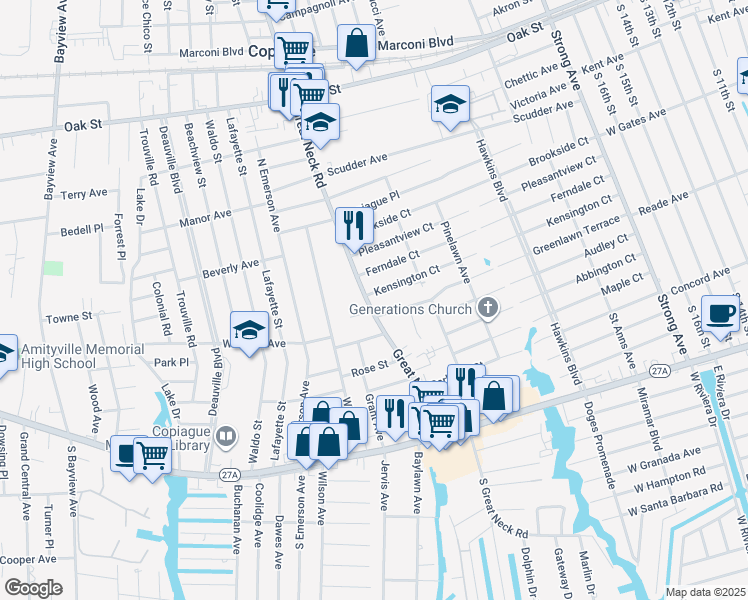 map of restaurants, bars, coffee shops, grocery stores, and more near 780 Great Neck Road in Copiague
