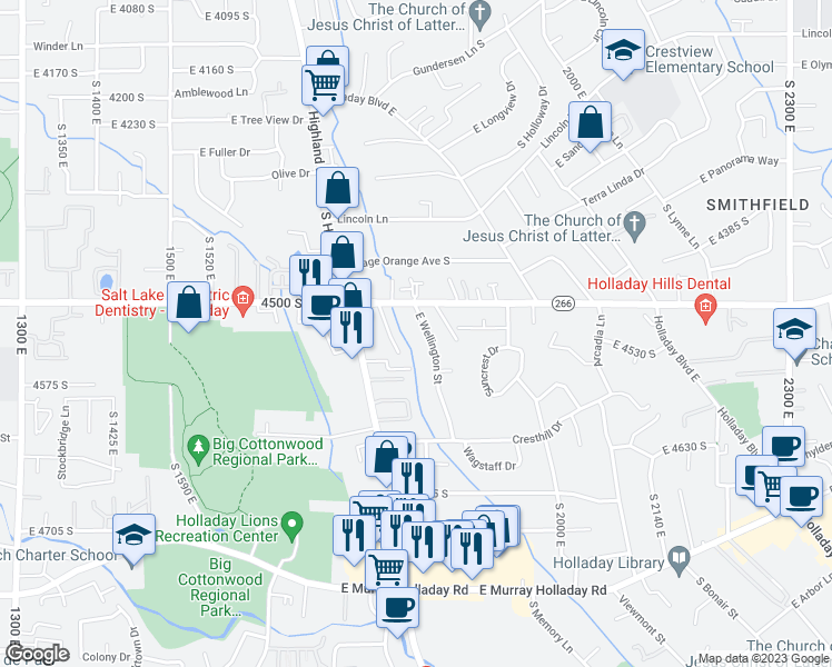 map of restaurants, bars, coffee shops, grocery stores, and more near 4511 South 1860 East in Holladay