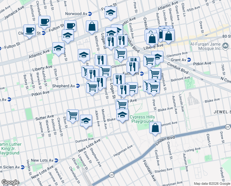 map of restaurants, bars, coffee shops, grocery stores, and more near 245 Fountain Avenue in Brooklyn