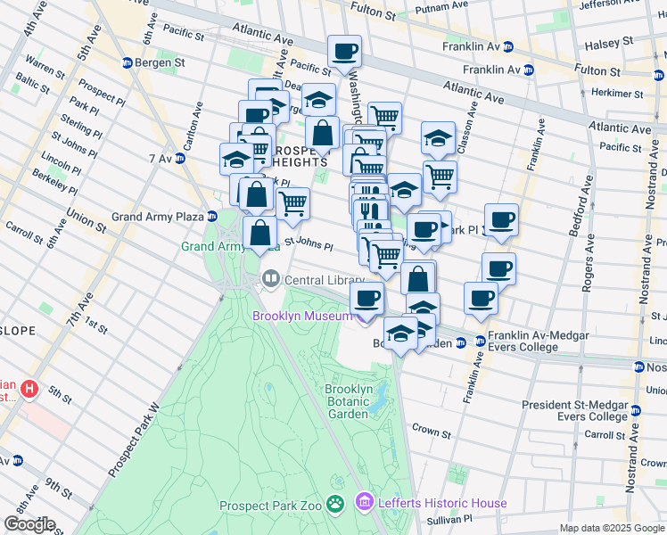 map of restaurants, bars, coffee shops, grocery stores, and more near 388 Saint Johns Place in Brooklyn