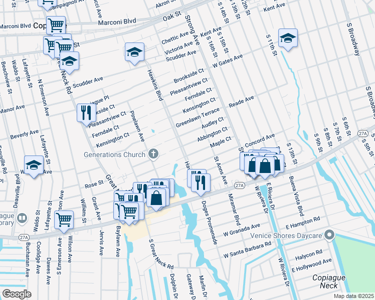 map of restaurants, bars, coffee shops, grocery stores, and more near 215 Abbington Court in Copiague