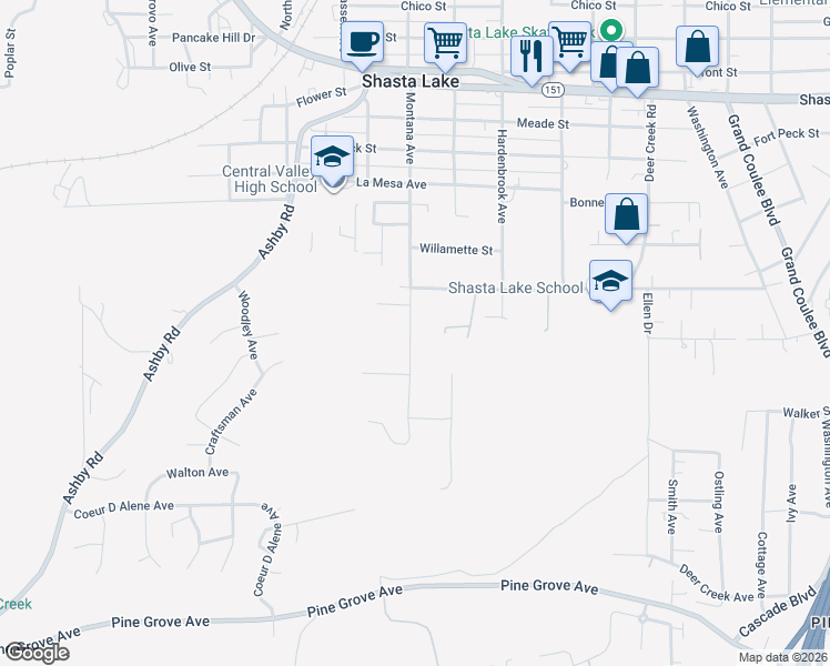 map of restaurants, bars, coffee shops, grocery stores, and more near 2141 Montana Avenue in Shasta Lake