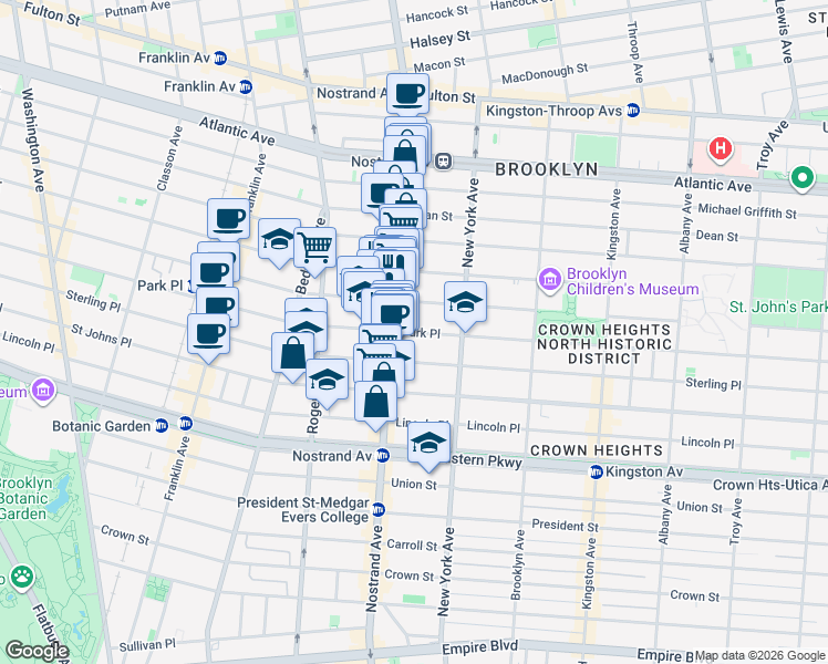 map of restaurants, bars, coffee shops, grocery stores, and more near 853 Park Place in Brooklyn