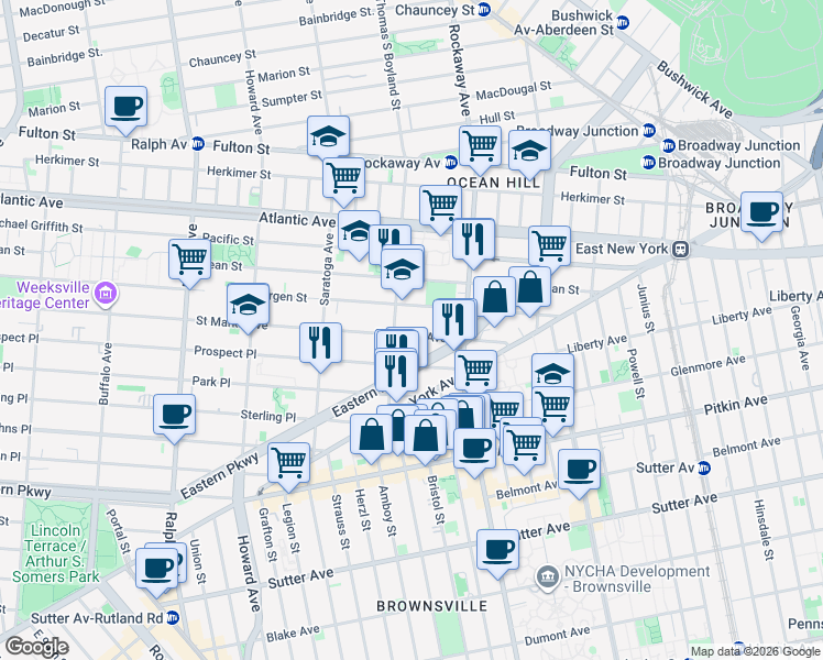 map of restaurants, bars, coffee shops, grocery stores, and more near 298 Thomas S Boyland Street in Brooklyn