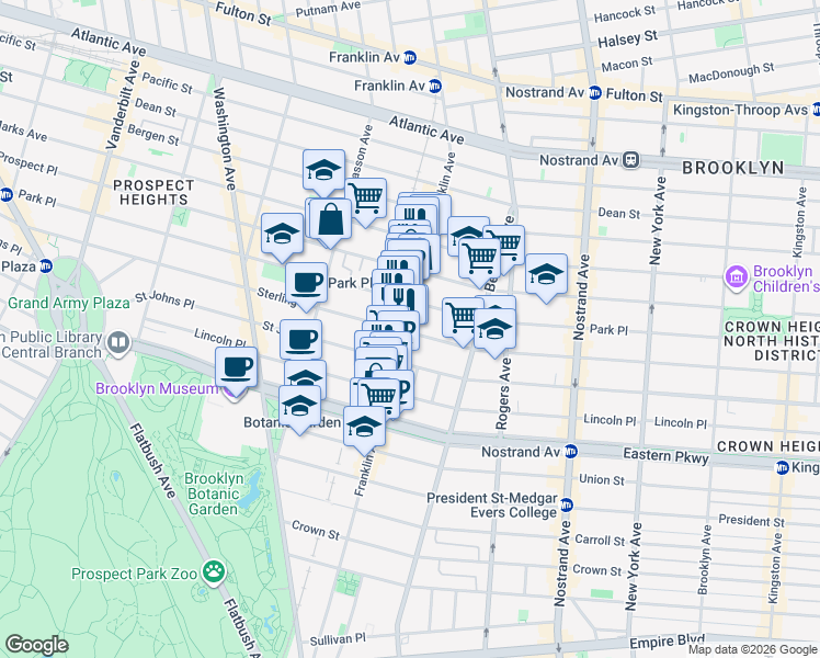 map of restaurants, bars, coffee shops, grocery stores, and more near 626 Park Place in Brooklyn