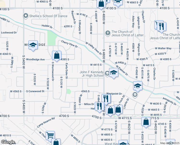 map of restaurants, bars, coffee shops, grocery stores, and more near 4457 South Cherry Hollow Circle in West Valley City