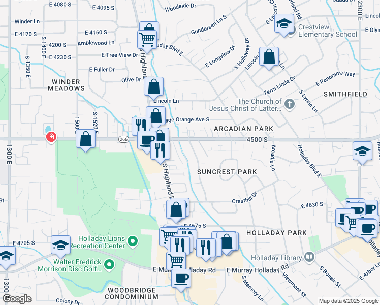 map of restaurants, bars, coffee shops, grocery stores, and more near 4511 South 1860 East in Holladay