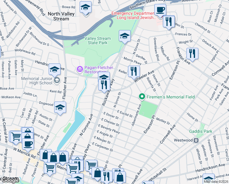 map of restaurants, bars, coffee shops, grocery stores, and more near 321 Rockaway Parkway in Valley Stream