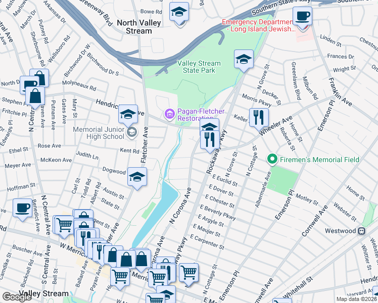 map of restaurants, bars, coffee shops, grocery stores, and more near 322 North Corona Avenue in Valley Stream