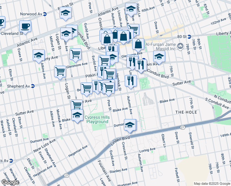 map of restaurants, bars, coffee shops, grocery stores, and more near 608 Hemlock Street in Brooklyn