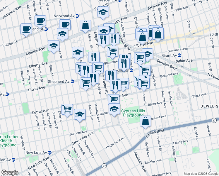 map of restaurants, bars, coffee shops, grocery stores, and more near 245 Fountain Avenue in Brooklyn