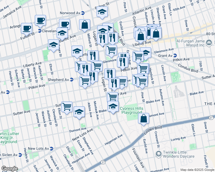 map of restaurants, bars, coffee shops, grocery stores, and more near 245 Fountain Avenue in Brooklyn