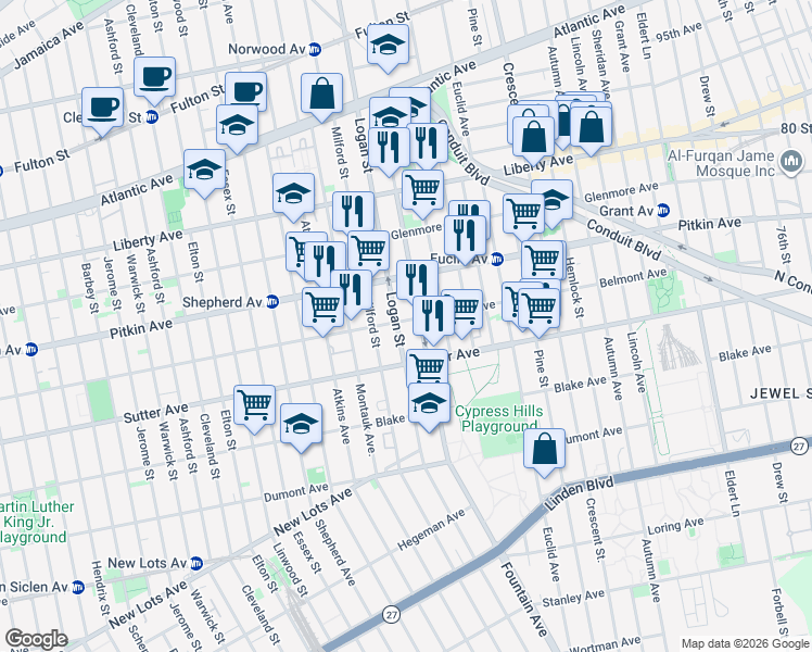 map of restaurants, bars, coffee shops, grocery stores, and more near 245 Fountain Avenue in Brooklyn