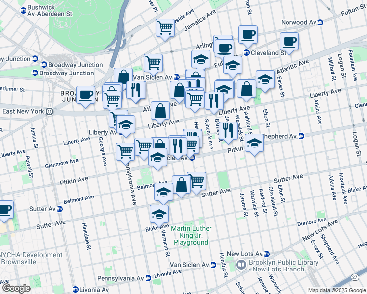 map of restaurants, bars, coffee shops, grocery stores, and more near 509 Glenmore Avenue in Brooklyn