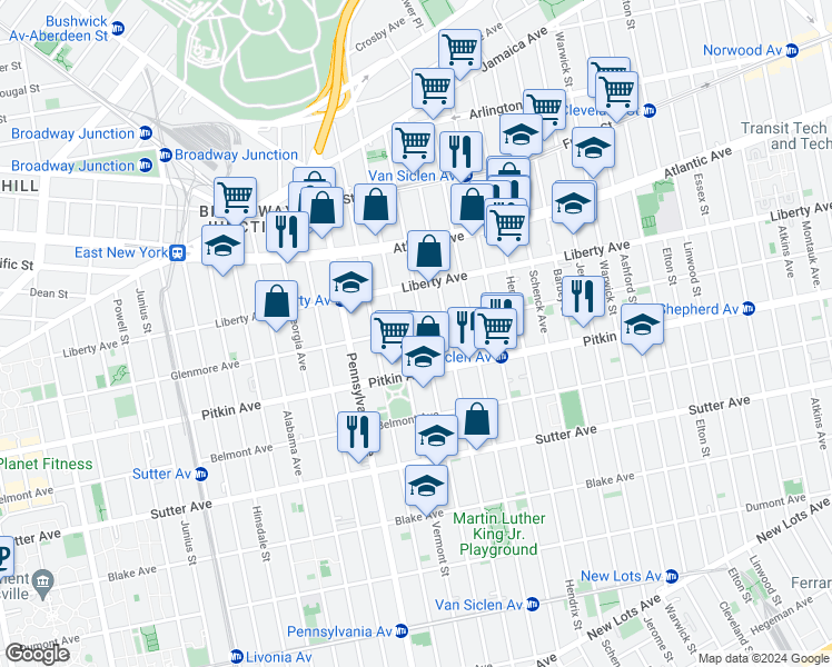 map of restaurants, bars, coffee shops, grocery stores, and more near 207 Wyona Street in Brooklyn
