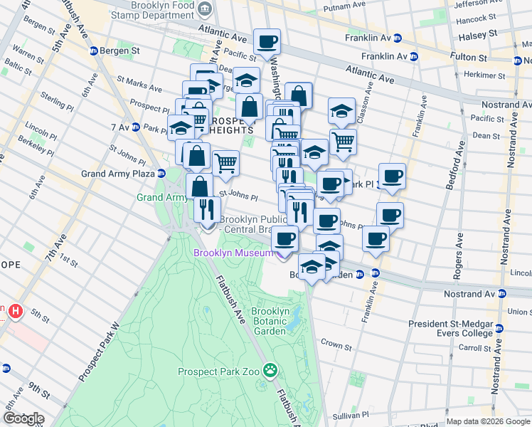 map of restaurants, bars, coffee shops, grocery stores, and more near 388 Saint Johns Place in Brooklyn